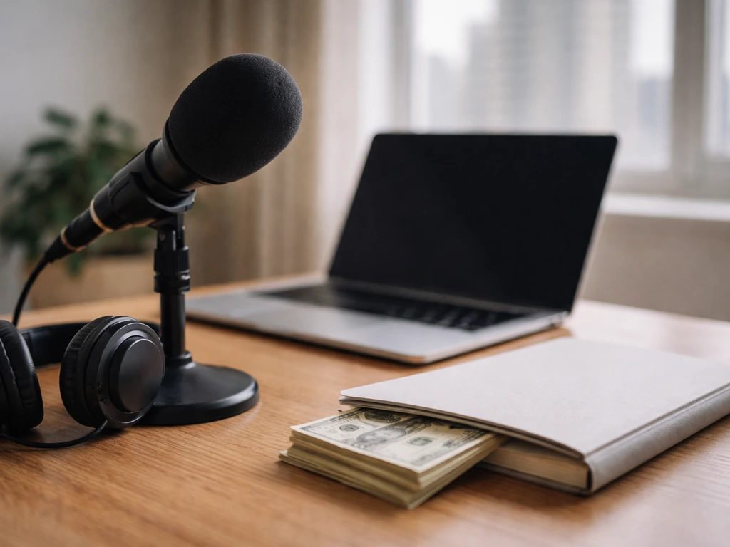Anonymous podcast-style desk with microphone and a small cash stack, hinting at estimated creator net worth.