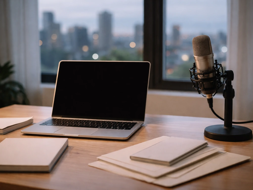 Minimal office desk scene with a laptop and microphone, suggesting early career media growth and financial success.
