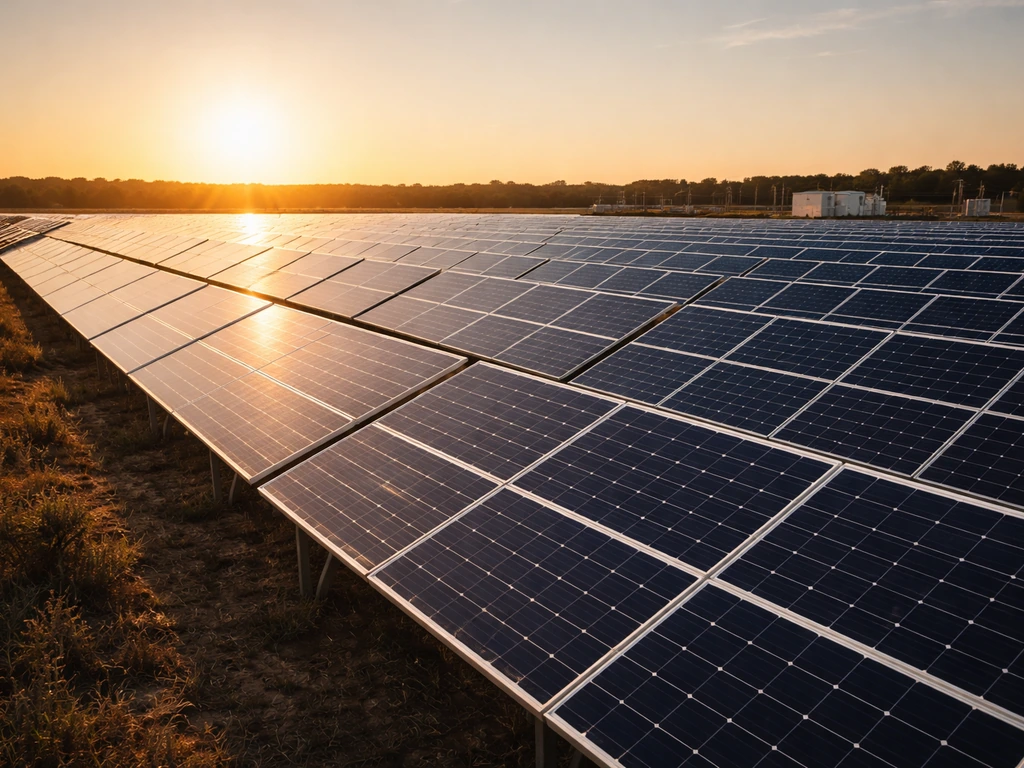 Utility-scale solar farm with financial-looking lighting, symbolizing Kerry Adler’s SkyPower Global connection