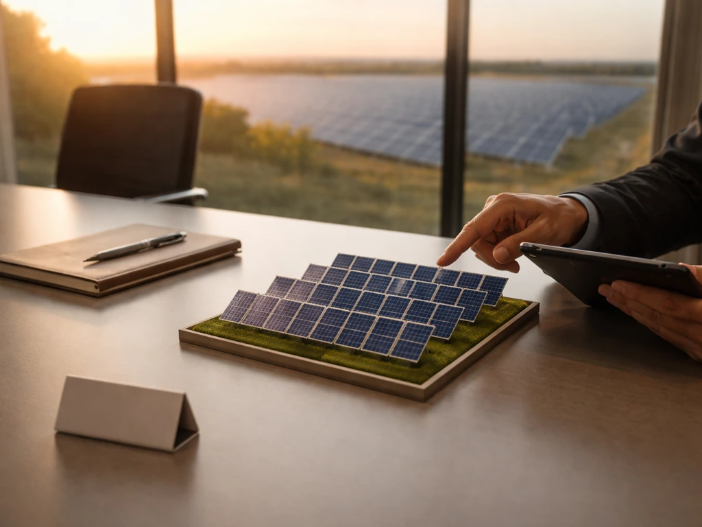Anonymous hands reviewing a solar-panel scale model on a desk with a solar farm visible through windows