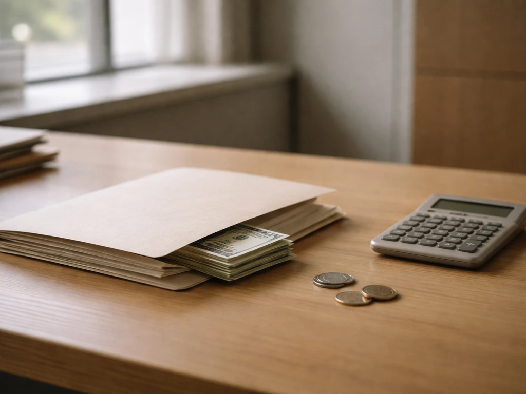 Minimal desk scene with a small stack of documents, a calculator, and scattered coins symbolizing assets minus liabiliti