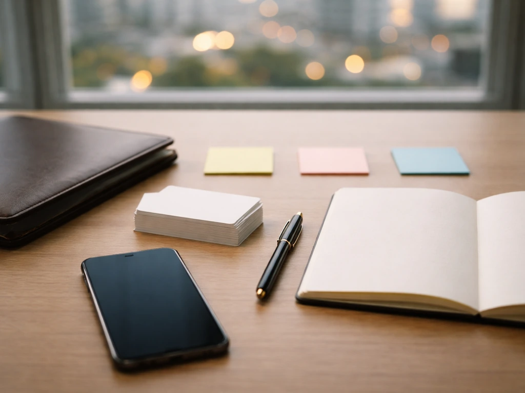 Minimal desk scene with notebook, pen, portfolio, and blank notes suggesting career wealth milestones.