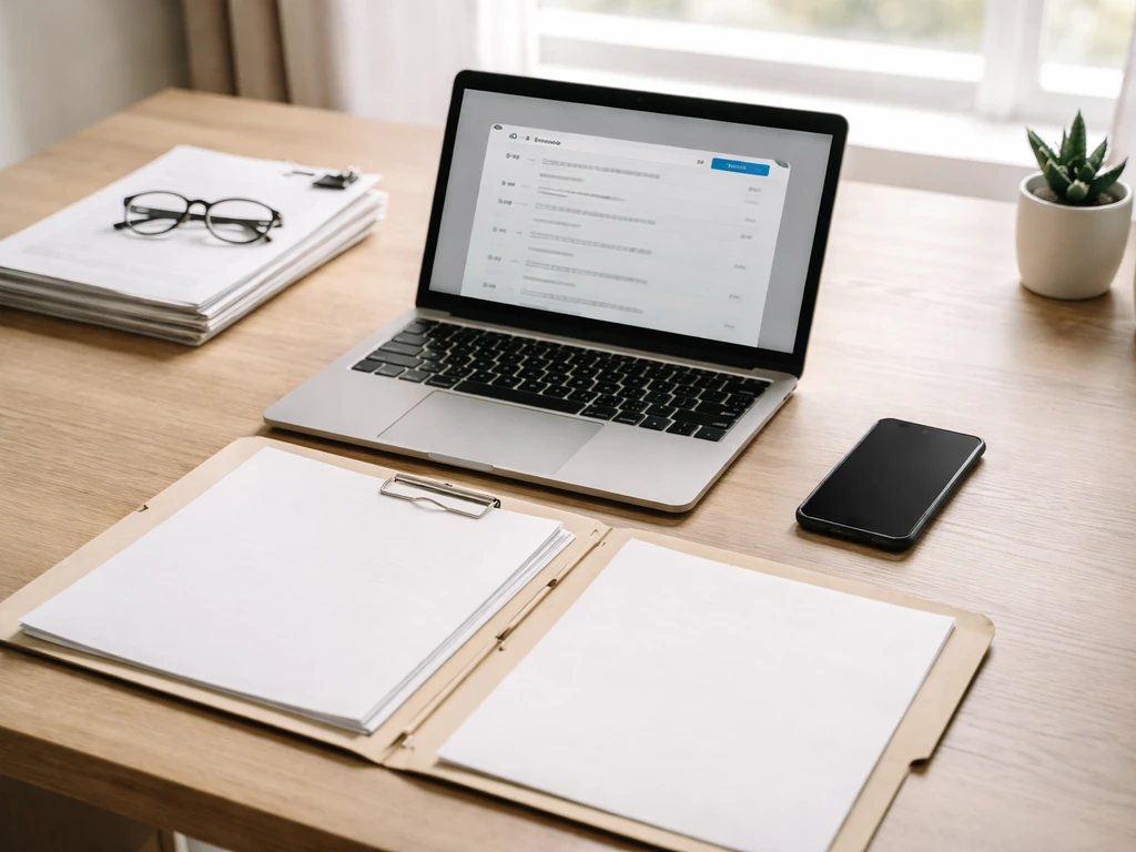 Minimal desk with laptop showing a generic records search, blank documents, and a phone for self-verification.