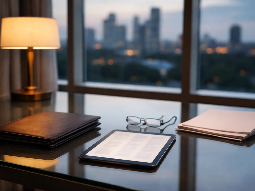 Empty private-investment office desk with laptop, documents, and a quiet city view at dusk