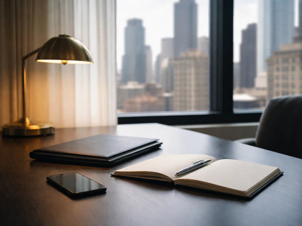 Quiet office desk with business materials and blurred skyline, suggesting private equity finance work