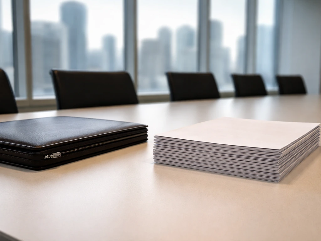 Minimal boardroom table with a leather portfolio and unbranded deal documents, suggesting private equity capital.