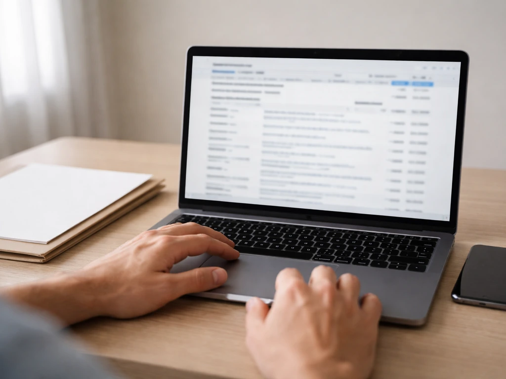 Hands on a laptop with a blurred nonprofit results page, desk setup for verifying estimates.