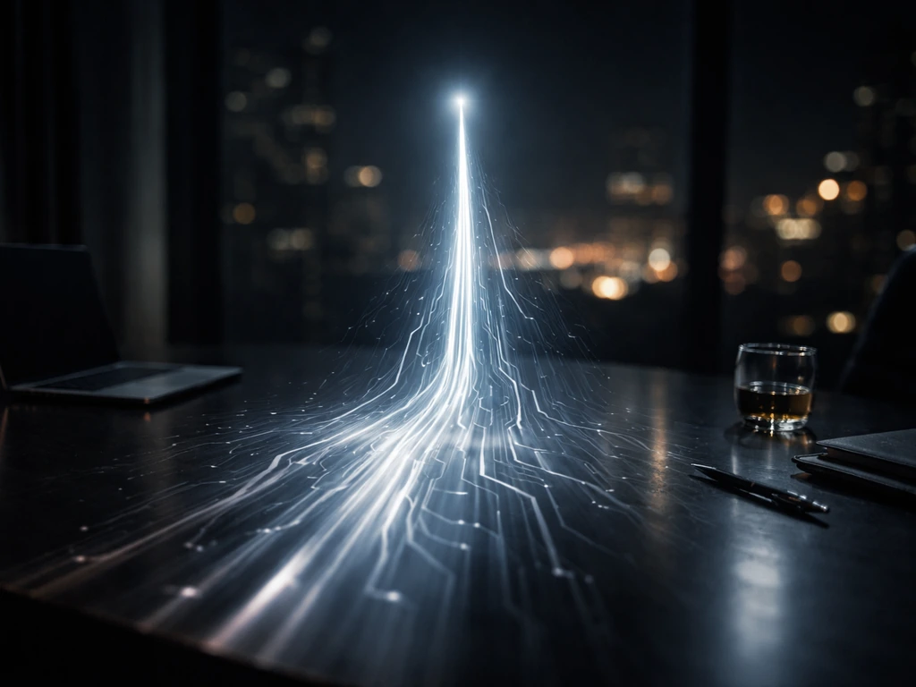 Abstract glow of circuit-like patterns morphing into a rising light trail over a dark luxury office desk