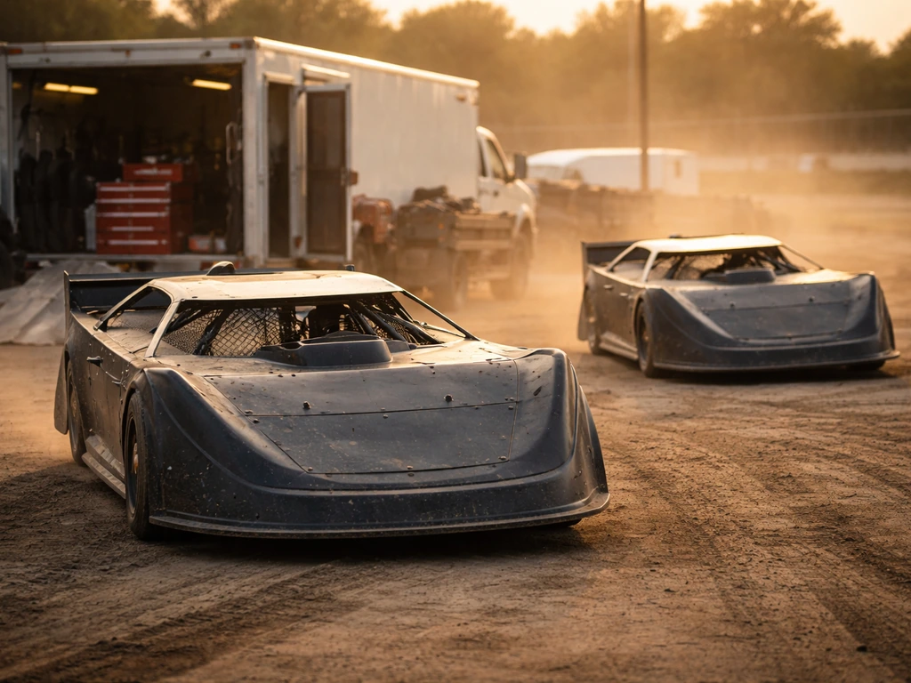 Dirt late model race cars in a track paddock at golden hour, no people visible, dramatic atmosphere.