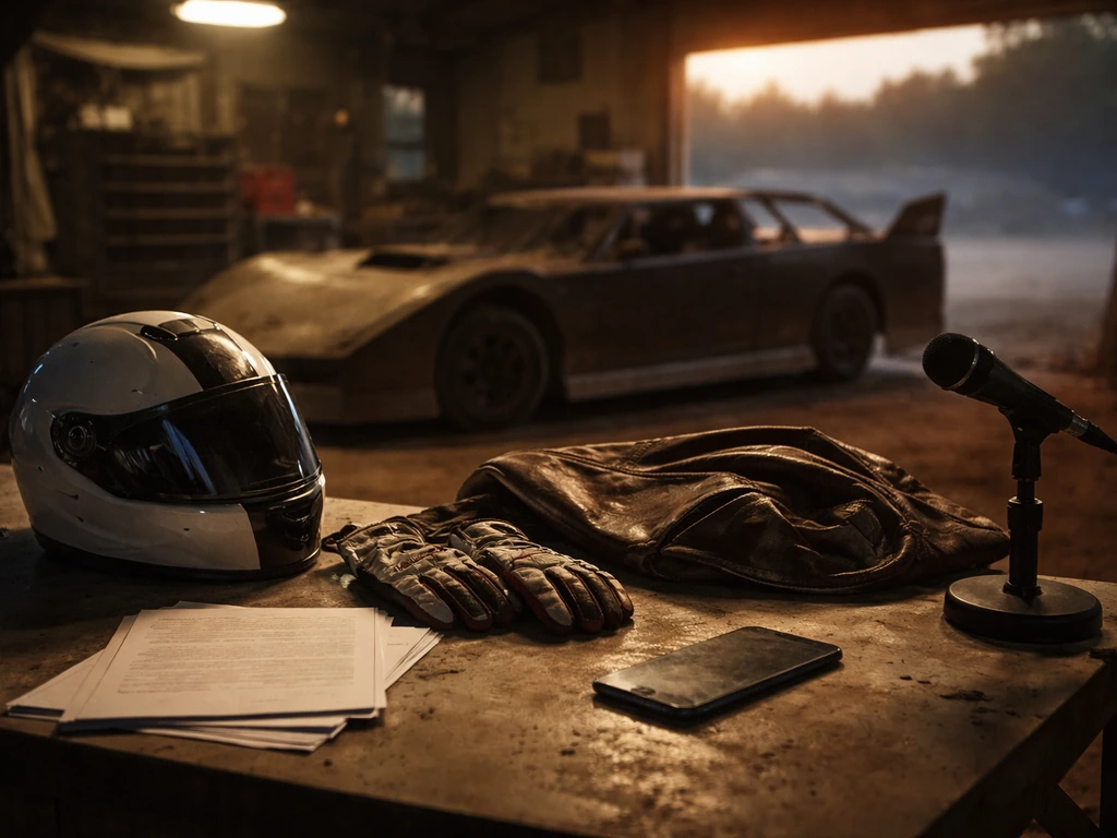 Racing team money-and-media vibe: dim garage with helmets and racing gear beside a parked late-model car