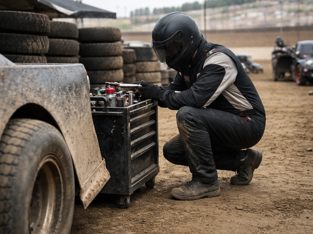 Anonymous dirt late model crew member works beside a dust-covered race car in a paddock.