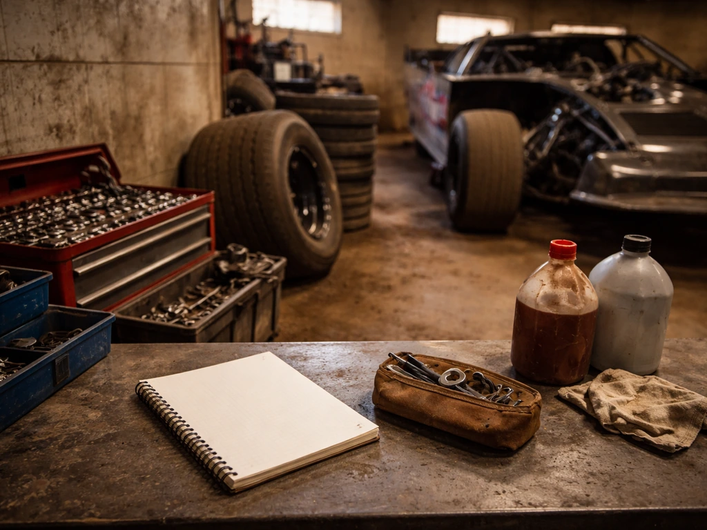Garage workspace with racing tools and a racing budget notebook beside tire and fuel canisters.