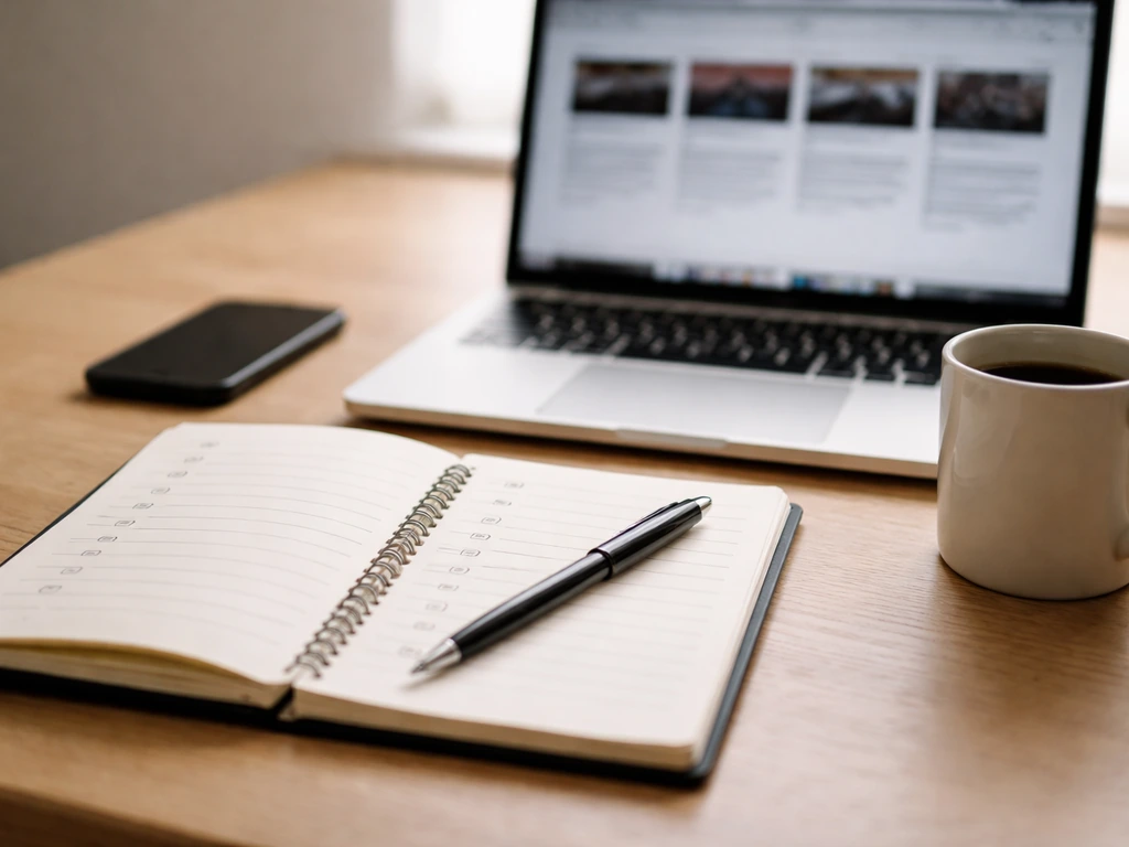 Notebook open to a simple due-diligence checklist with a laptop showing racing media tabs