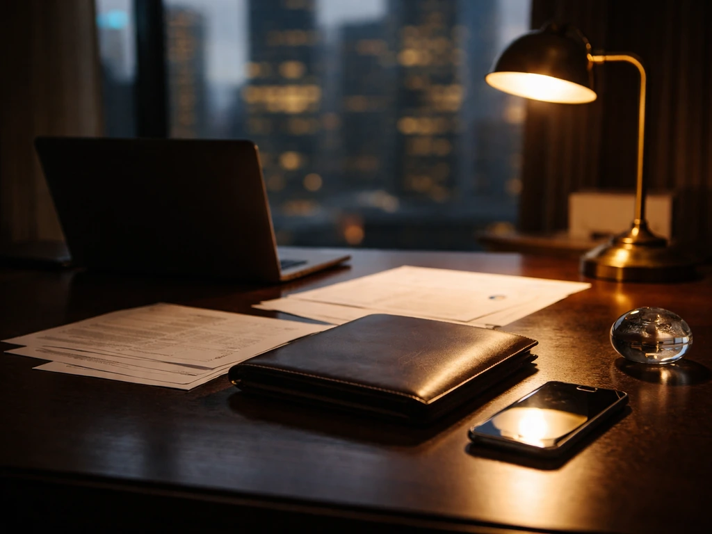 Minimal upscale finance desk with documents, leather portfolio, and blurred city skyline at daylight.