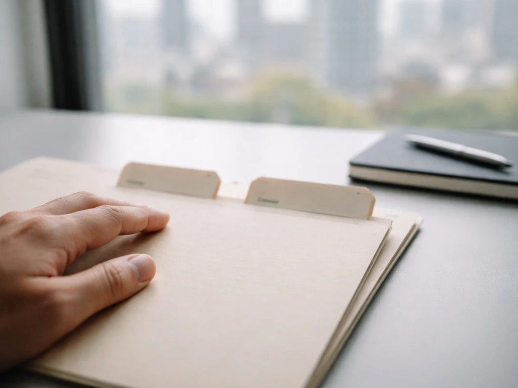 Close-up of a desk with blurred legal folder tabs and a hedge-fund style notebook, signaling identity verification