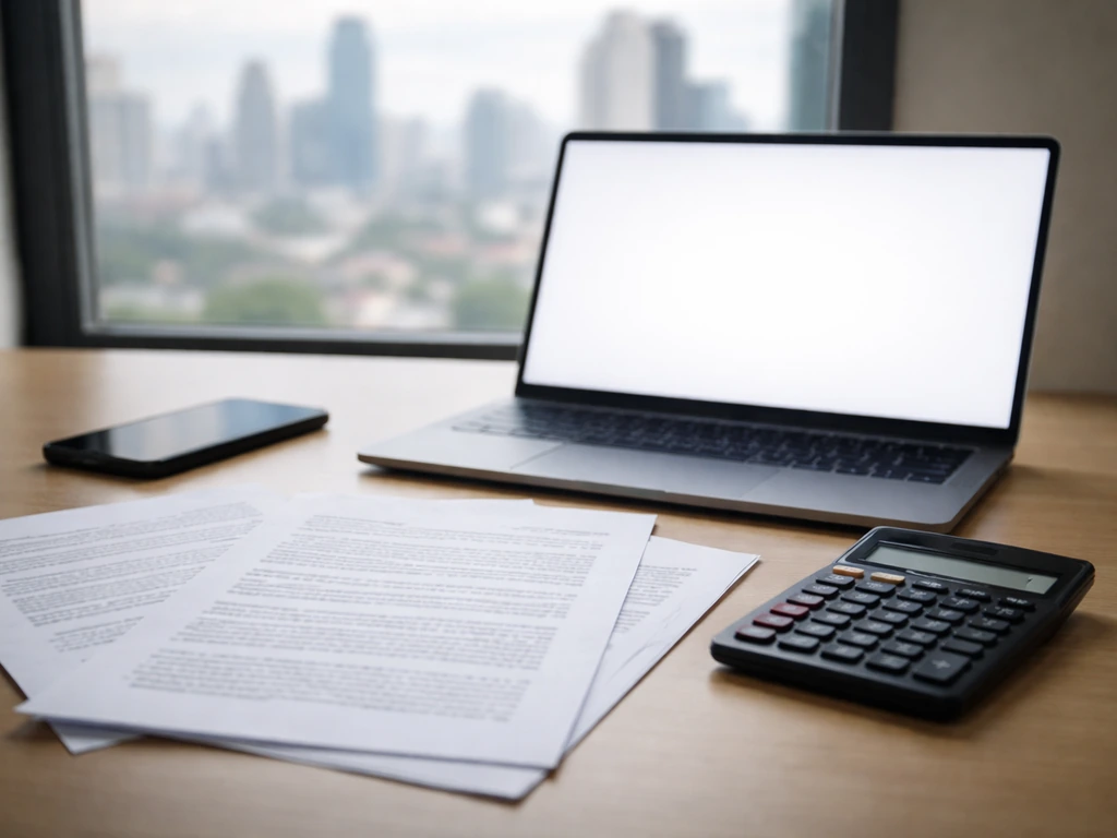 Minimal office scene with a laptop, documents, and a calculator beside a blurred city skyline.