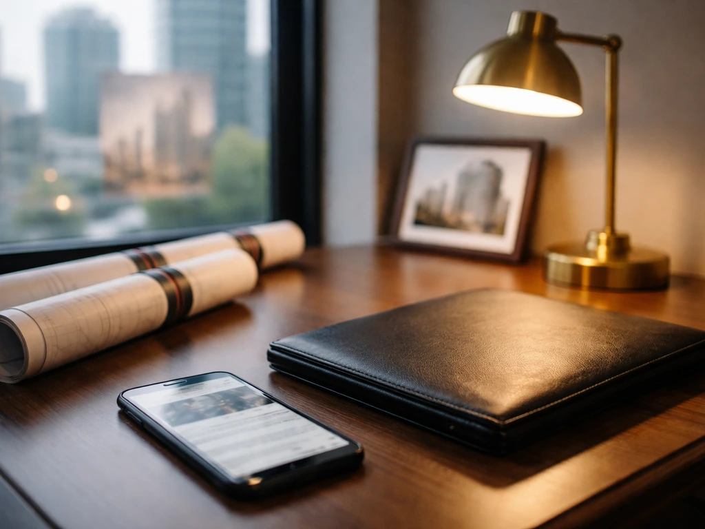 Real-estate office desk with portfolio, phone, and blurred city buildings symbolizing a net-worth investigation