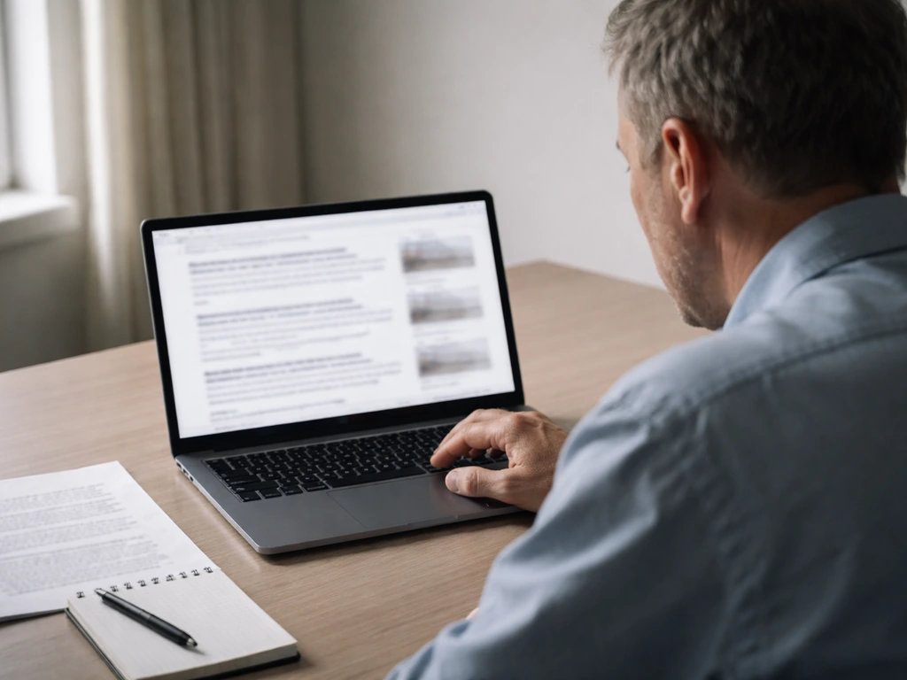 Anonymous man in a simple office beside a laptop showing blurred, unreadable article-like results