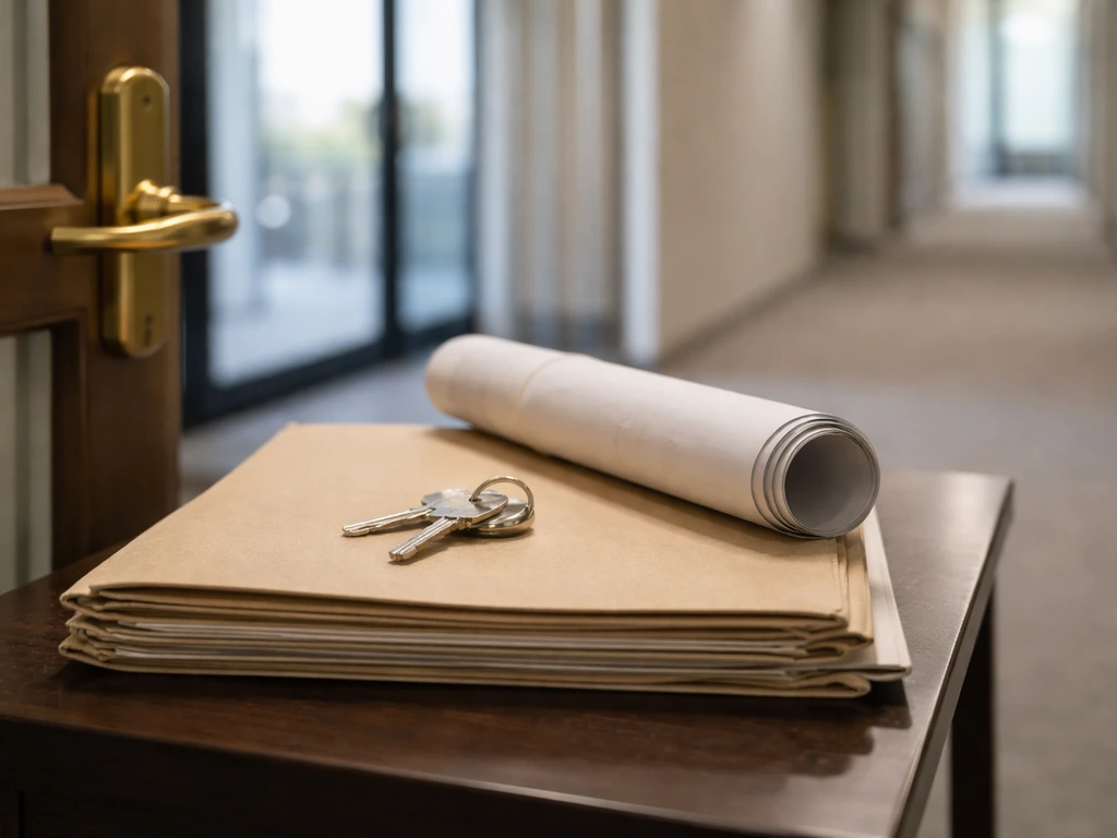 Minimal photo of a real-estate contract folder and a brass door handle in a quiet office hallway.