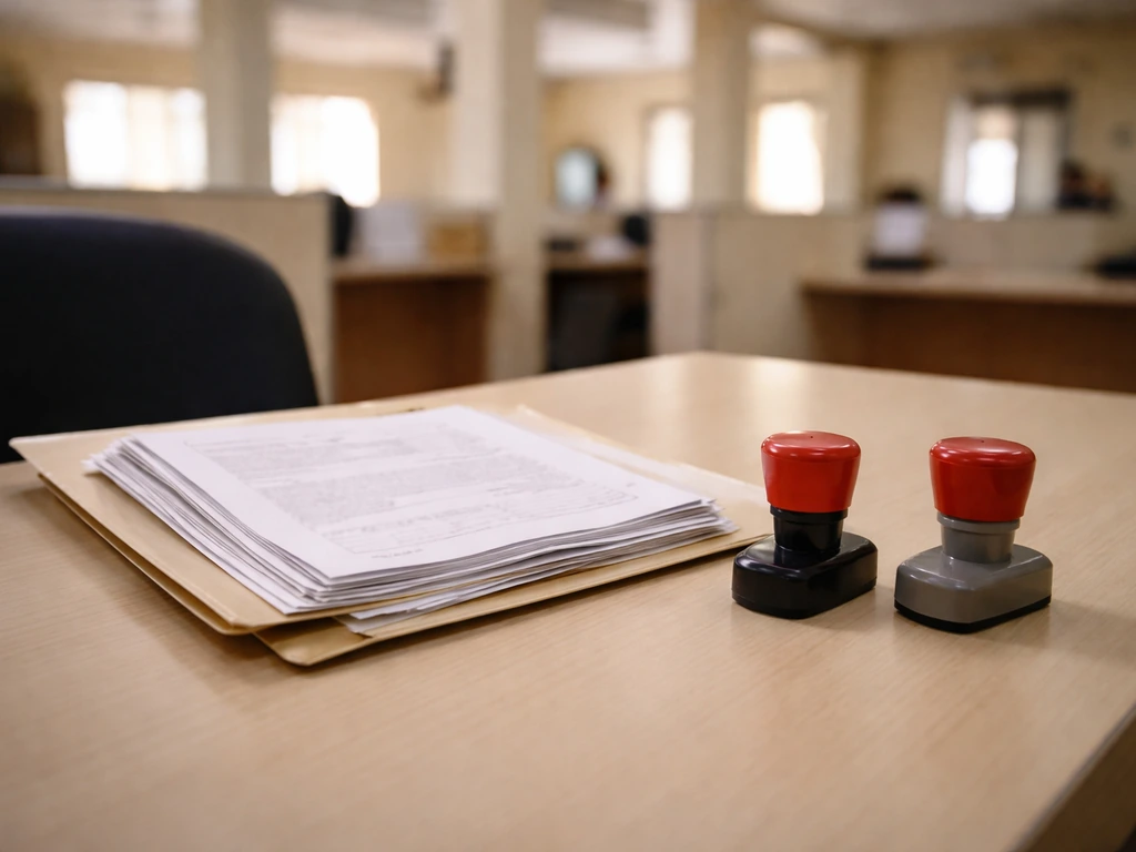 Kenyan public service office scene with blurred name-confusion symbolism: documents and two red-ink stamps
