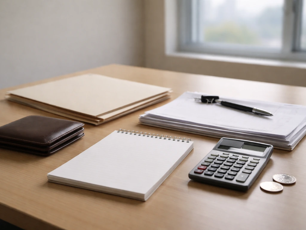 Minimal photo of a desk with a notepad, calculator, and folders symbolizing sources used for net worth estimates