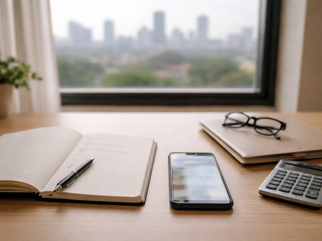 Minimal desk scene with notebook, blurred smartphone news, calculator, and eyeglasses suggesting source verification.