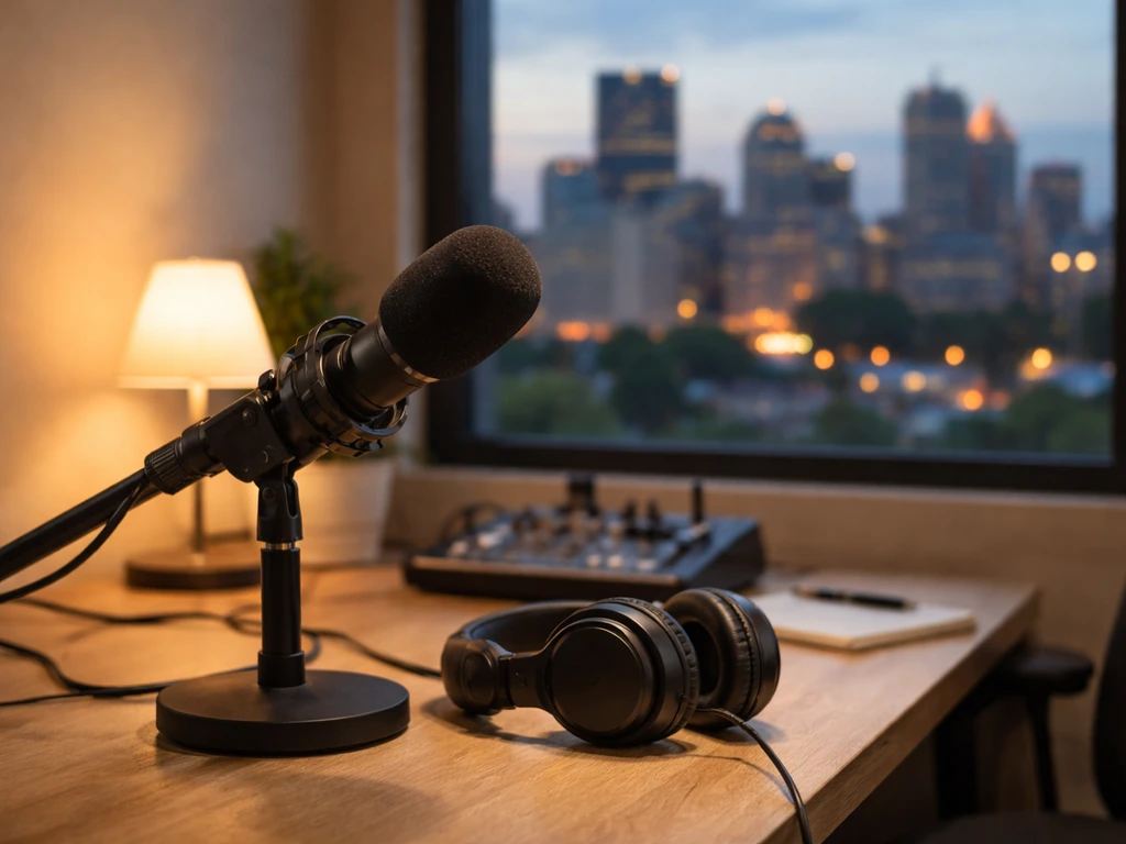 Quiet podcast radio studio scene with microphone and warm city window light, symbolizing media and income analysis