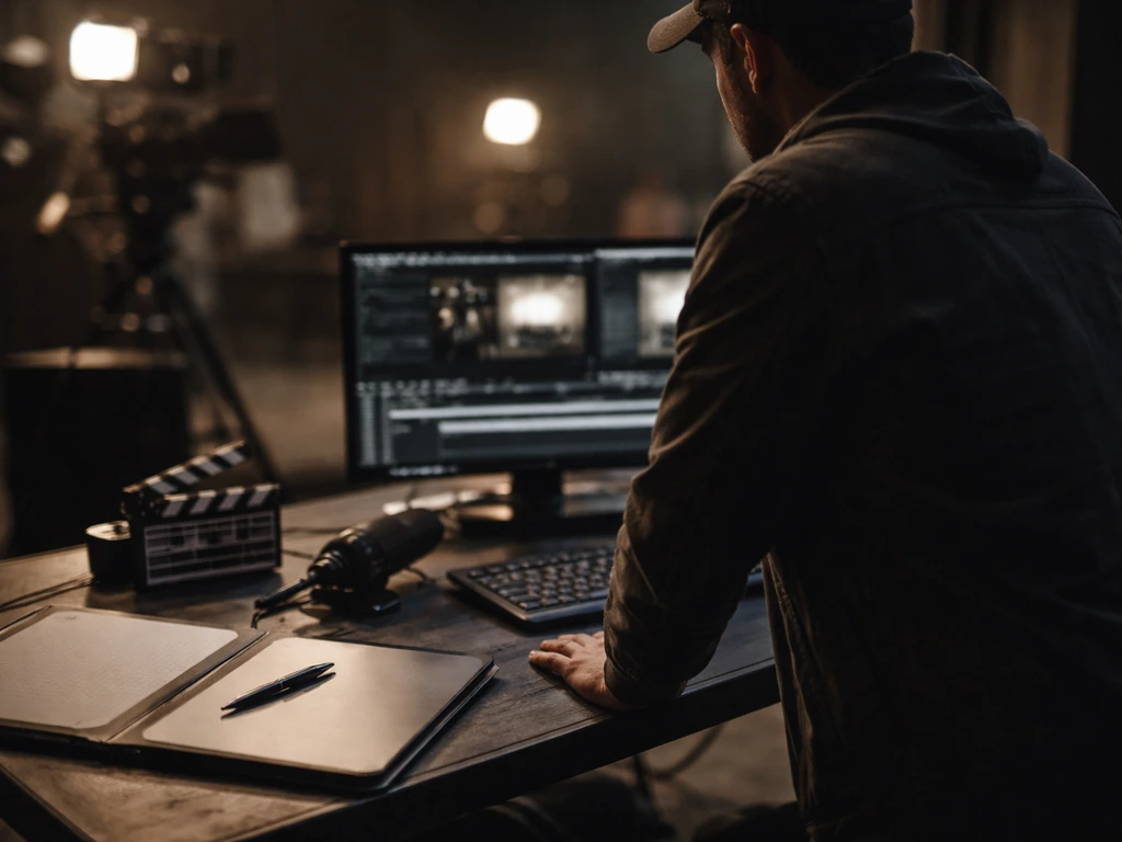 Anonymous film producer at an editing desk with clapperboard, microphone, and camera gear in soft light