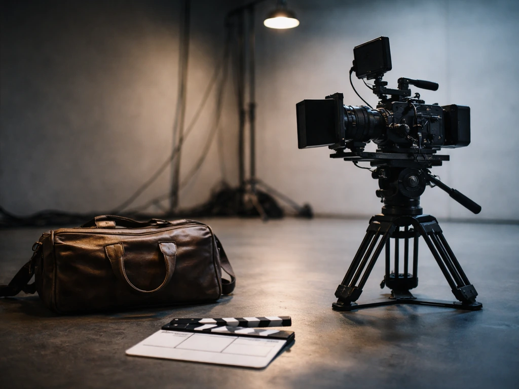 Dimly lit film studio workspace with a camera rig and clapperboard-style slate, symbolizing media identity checks.