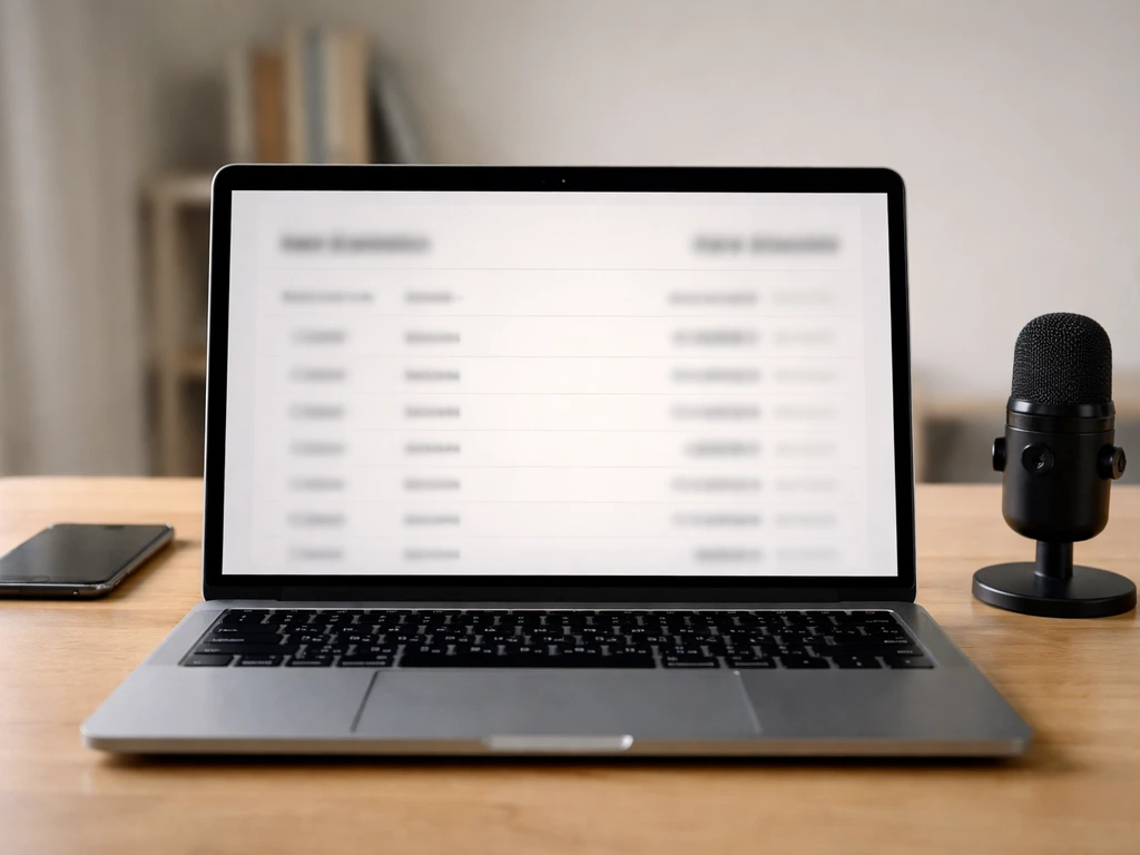 Laptop on a desk showing a blurred net-worth estimate page with dates and amounts, no readable text.