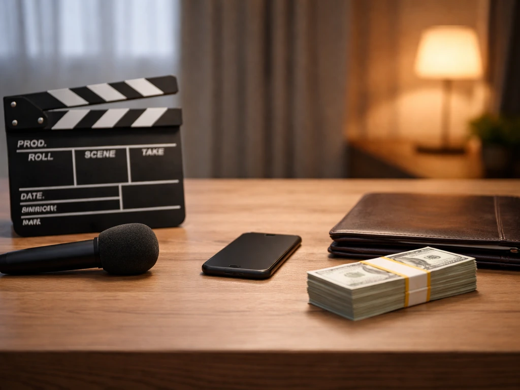 Minimal desk scene with film and money symbolism suggesting comparing net worth estimates
