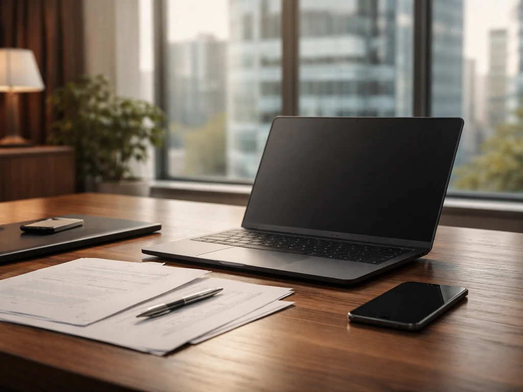 Minimal executive office scene with a laptop, corporate documents, and warm lighting symbolizing net worth analysis