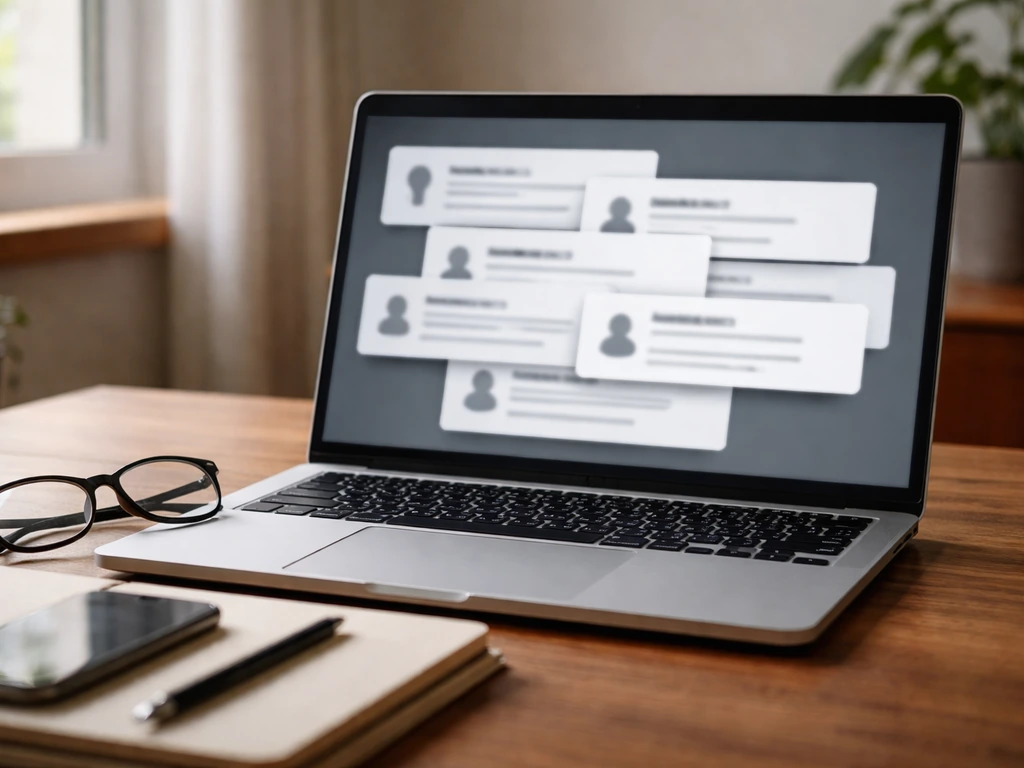 Close-up of a laptop showing multiple blurred search results, illustrating name misidentification risk.