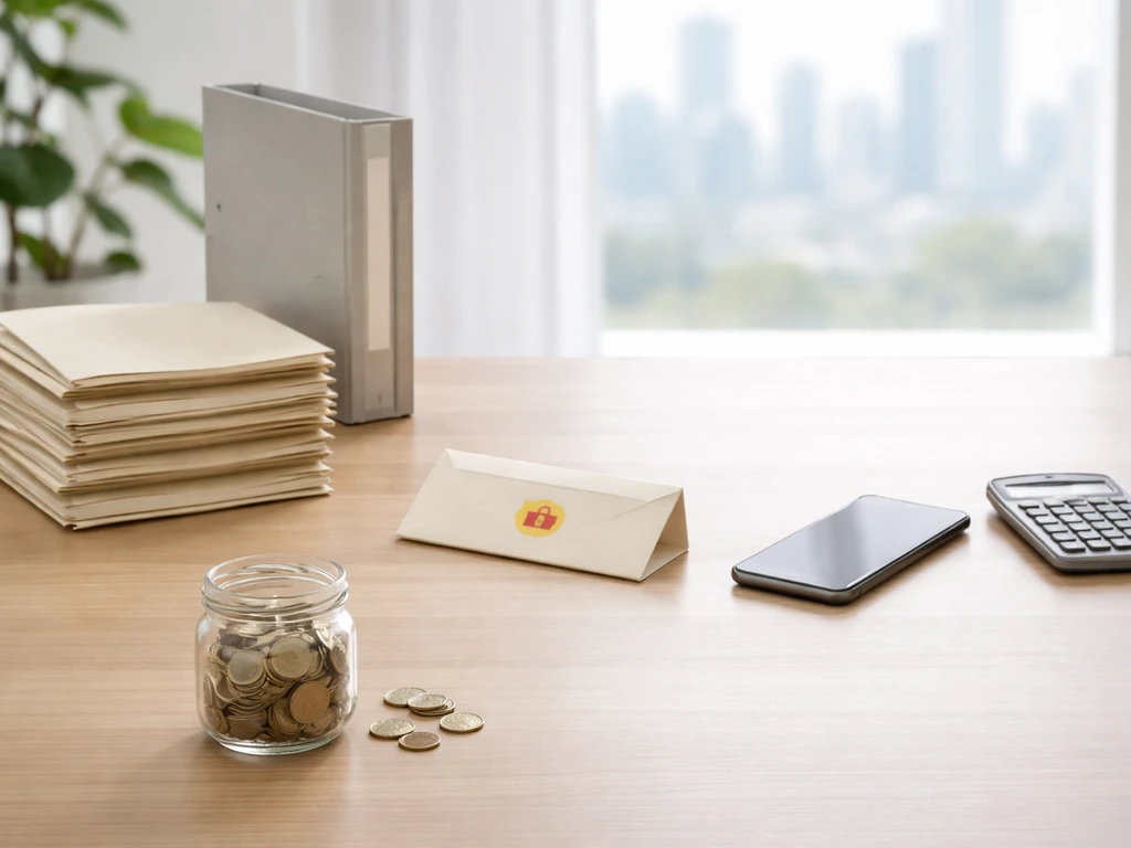 Minimal office desk with folders, calculator, phone, and coins symbolizing net worth estimate inputs and liabilities.