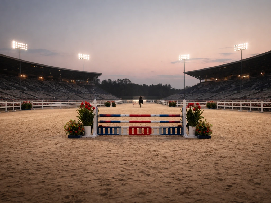 Olympic-style equestrian arena at dusk with show jumps and a distant rider silhouette