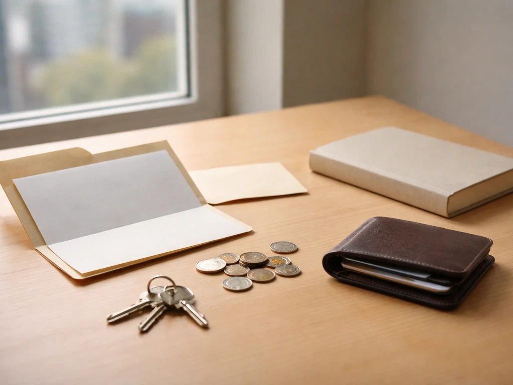 Minimal photo of a desk with coins, keys, and a folder representing assets and liabilities for net worth methodology.