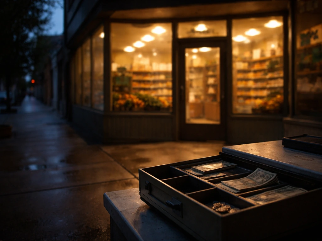 Empty Milwaukee-style grocery storefront at dusk with subtle wealth symbolism in the window light