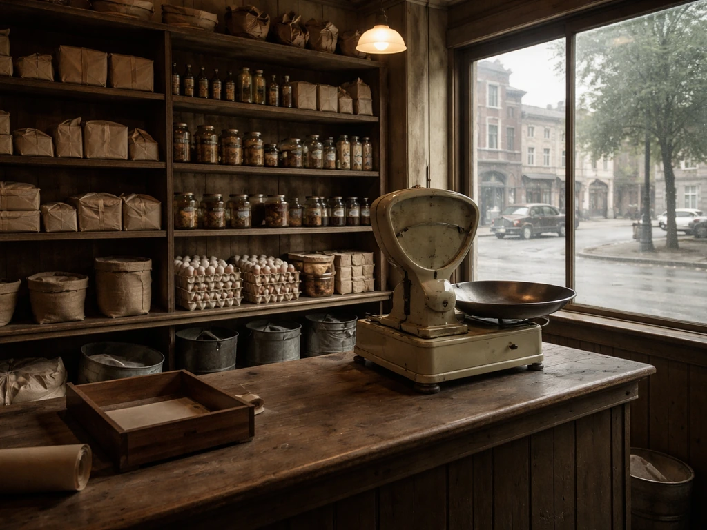 1920s Milwaukee grocery storefront interior with vintage shelves and a counter, no people, archival feel.