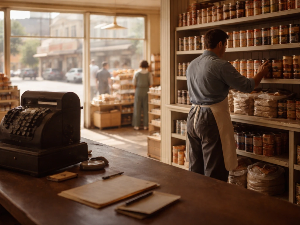 1950s grocery store interior with an anonymous shopkeeper stocking shelves, showing early retail expansion.