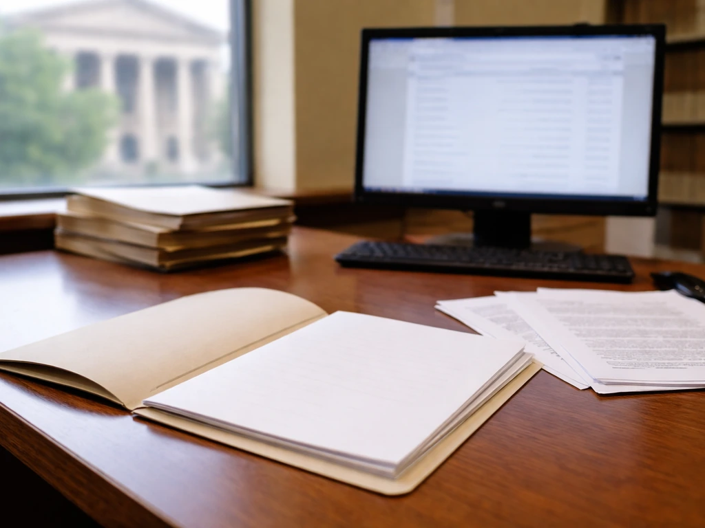 Close-up of a courthouse archive desk with open documents and a computer screen showing generic public records