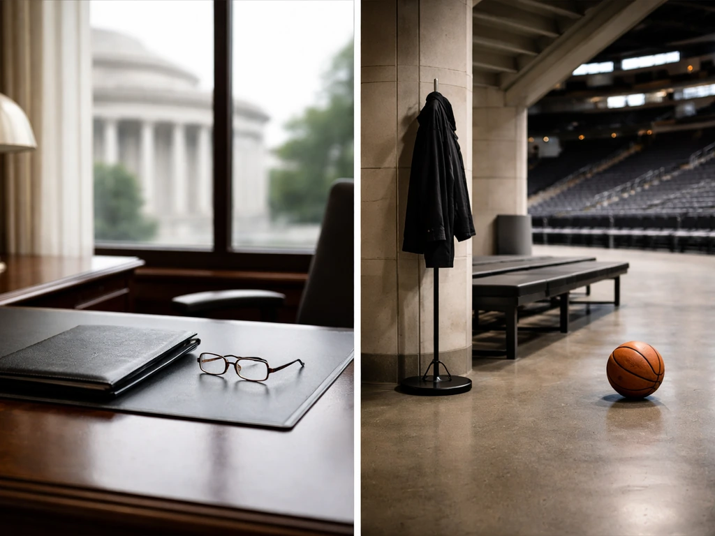 Split view of two empty office-style spaces symbolizing two distinct people without showing them.