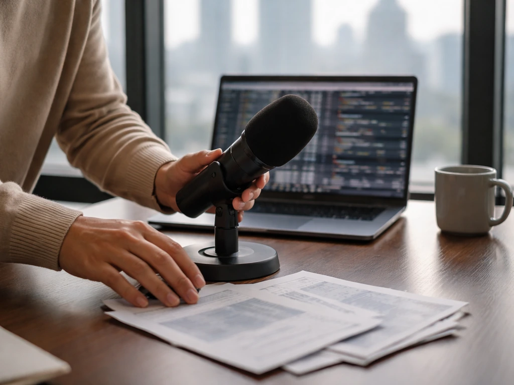 Anonymous finance studio scene with a laptop, microphone, and city view suggesting market strategist analysis.