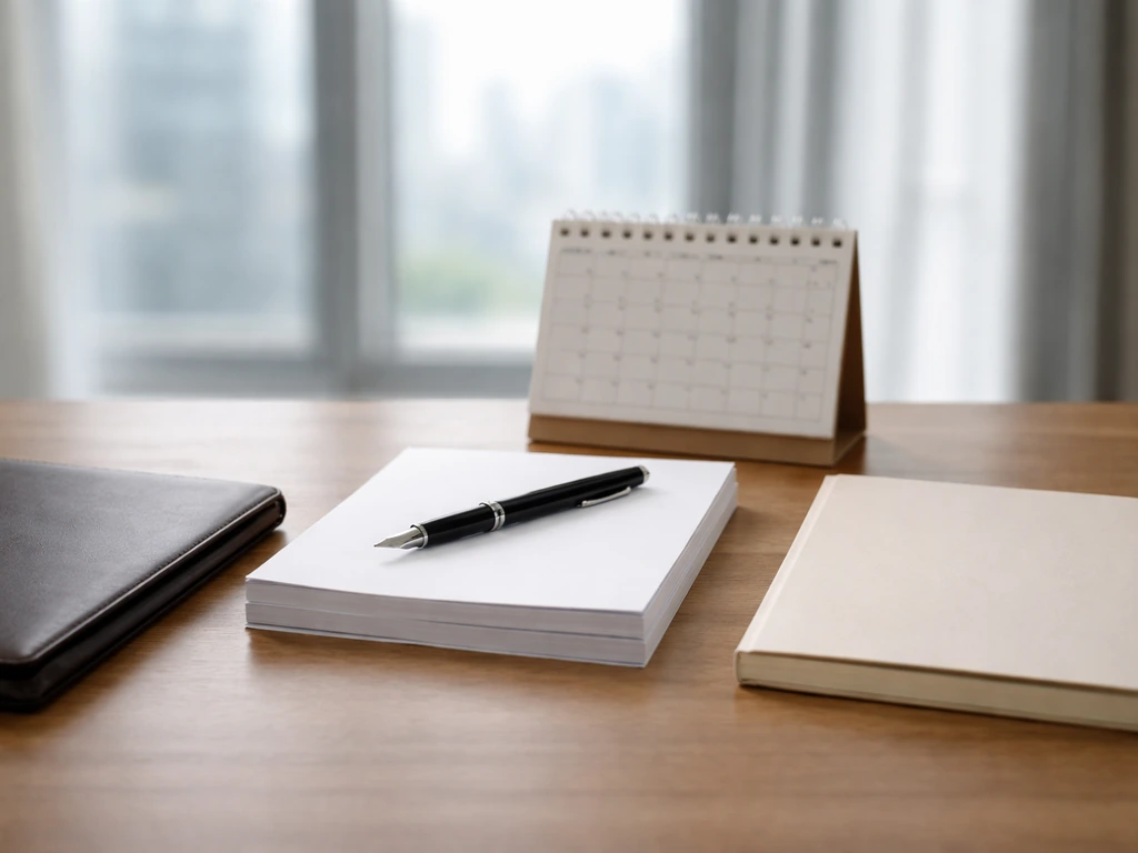 Minimal desk scene with papers, pen, and a blank notebook symbolizing career earnings and tenure.