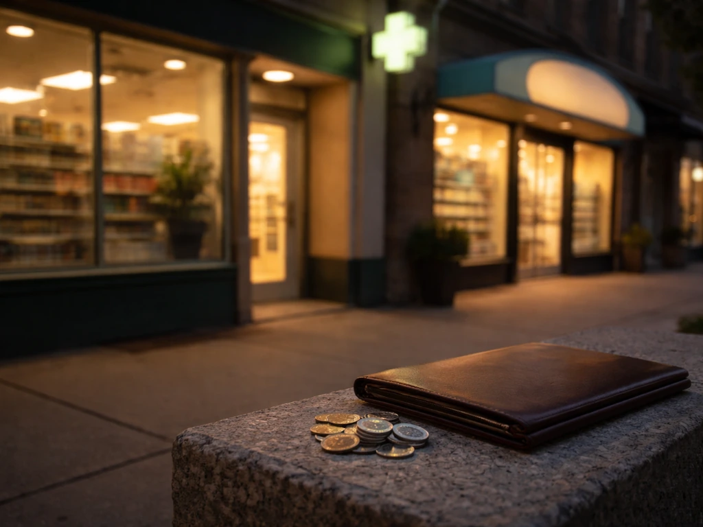 Minimal evening photo of a pharmacy storefront scene with coins and a leather portfolio symbolizing wealth.