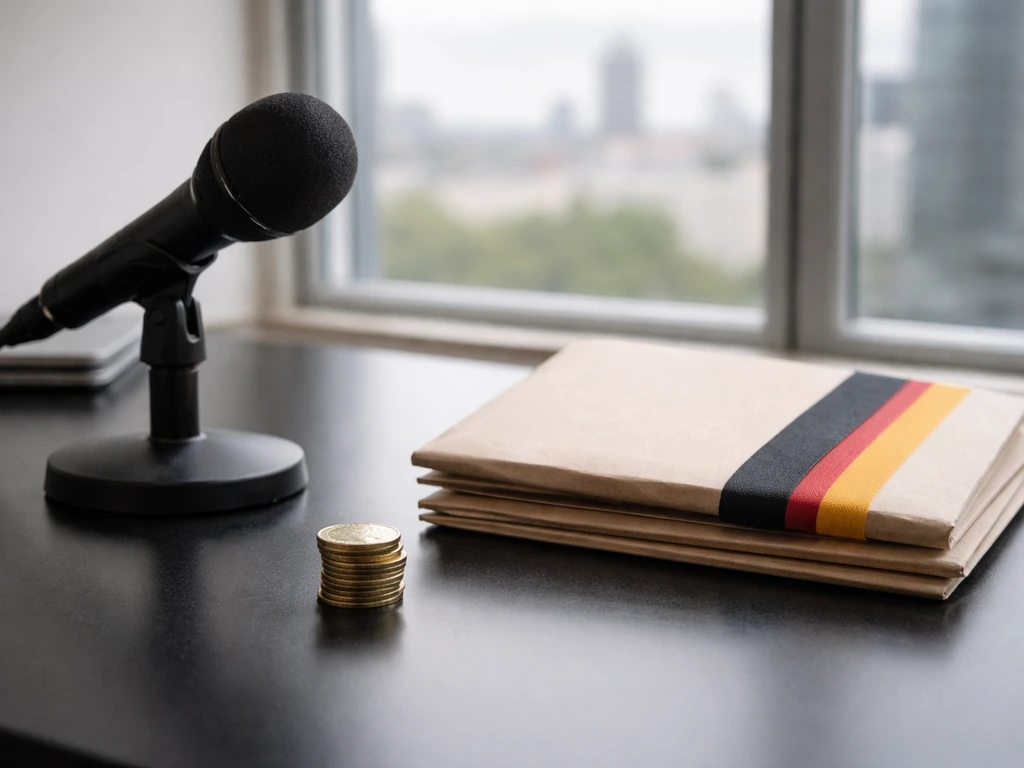 Minimal office scene with a microphone and German flag colors on a folder, symbolizing media-name mix-up.