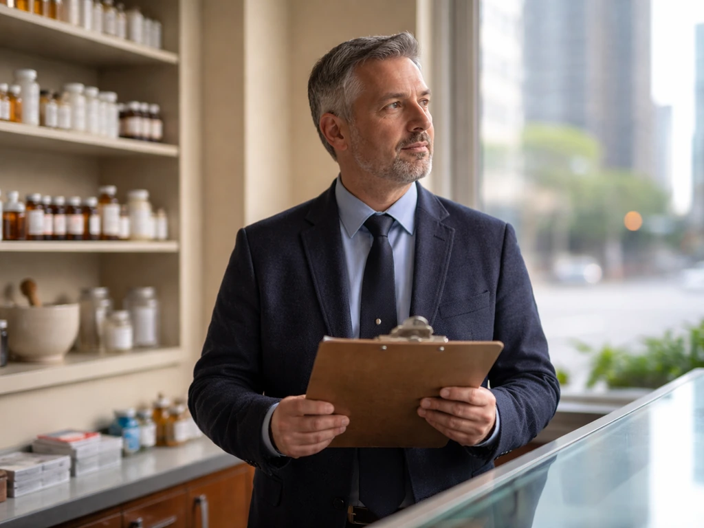 Thoughtful businessman in a pharmacy setting, suggesting founder legacy and family business roots.
