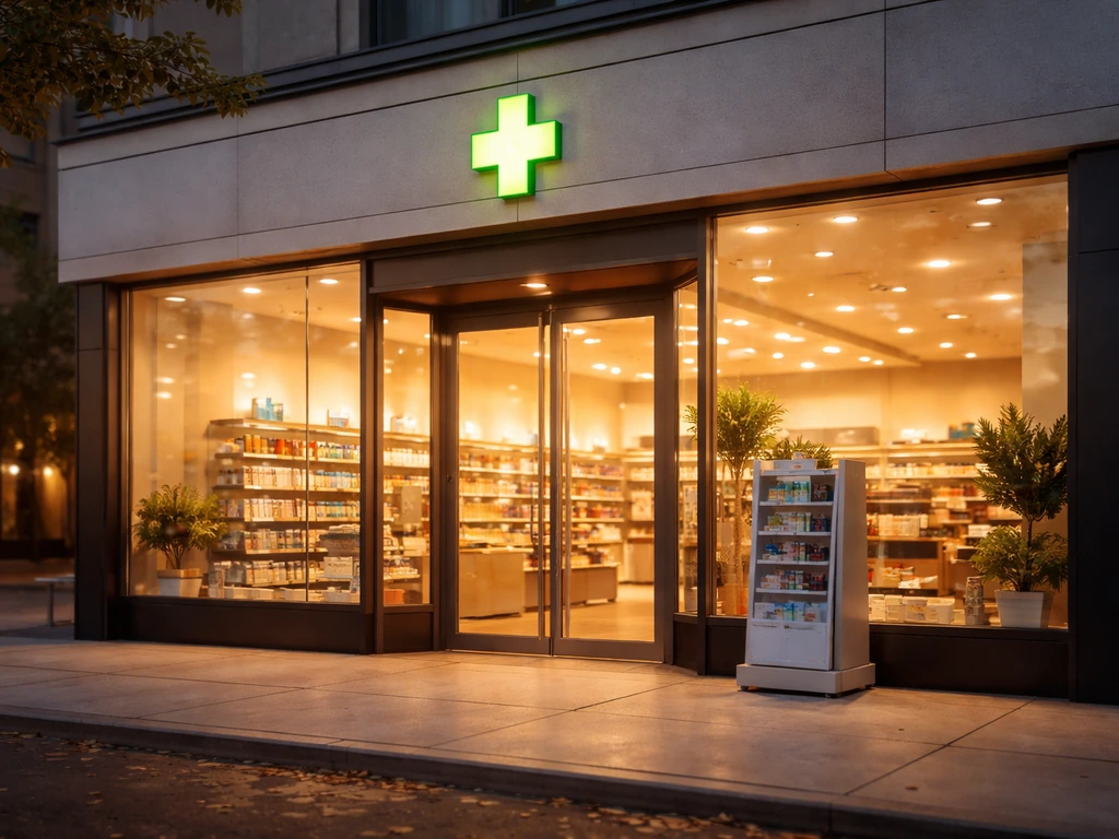 Warm-lit Canadian pharmacy storefront representing Shoppers Drug Mart’s founding wealth