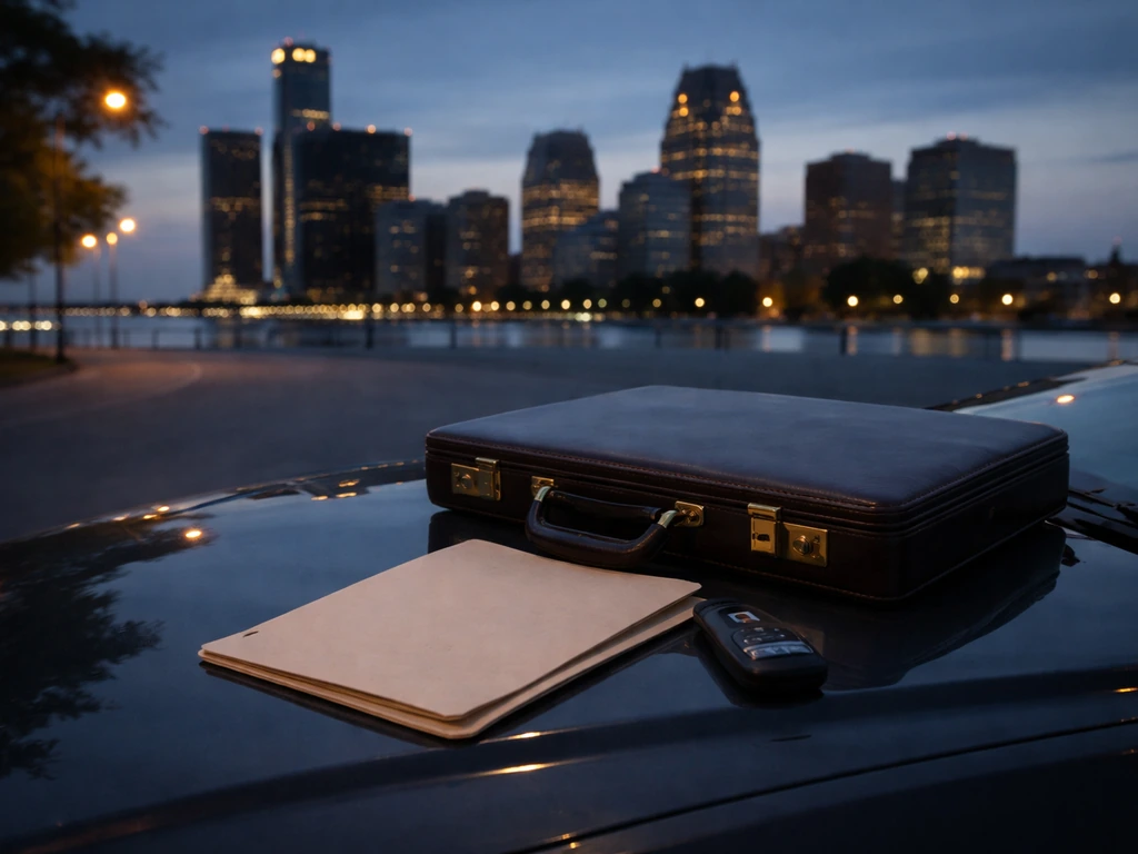 Detroit automotive skyline at dusk with a briefcase and folder, suggesting financial research and net worth tracking.