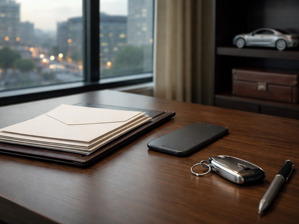 Minimal office desk scene with sealed documents and business items symbolizing executive wealth drivers.