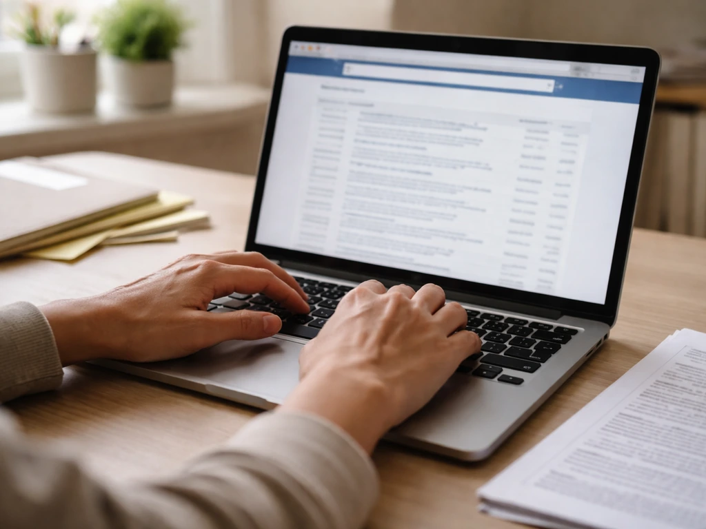 Close-up of hands working on a laptop with a blurred public filings results page and papers for evidence review.